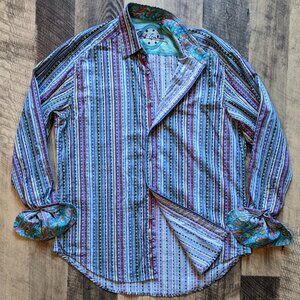 Robert Graham Stripe Shirt Green Blue Purple with Paisley Flip Cuffs